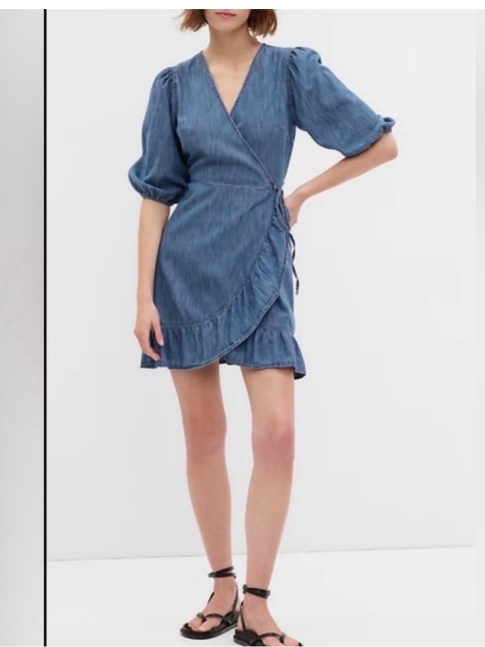 GAP Women’s Blue Denim Wrap Dress with Puff Sleeves
